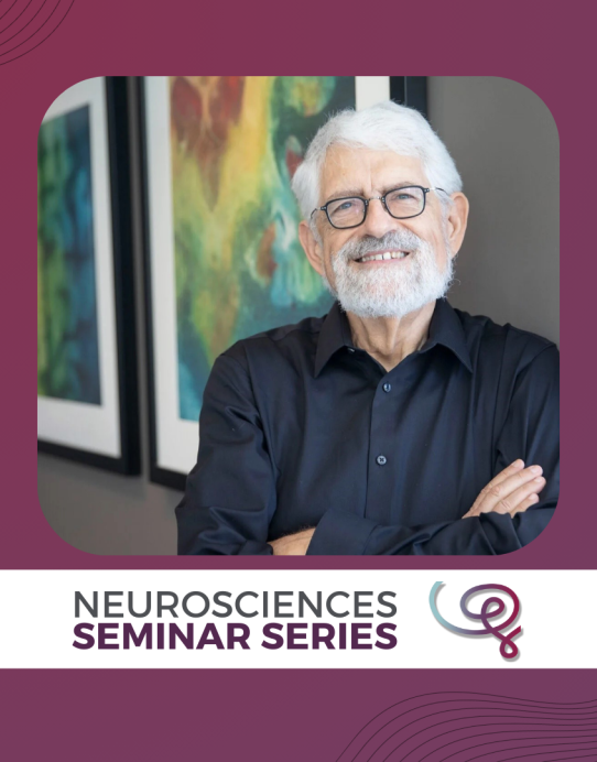 Headshot of Dr. Haim Sompolinsky framed with a purple border. A white banner at the bottom reads 'Neurosciences Seminar Series' next to the Wu Tsai Neuro logo.