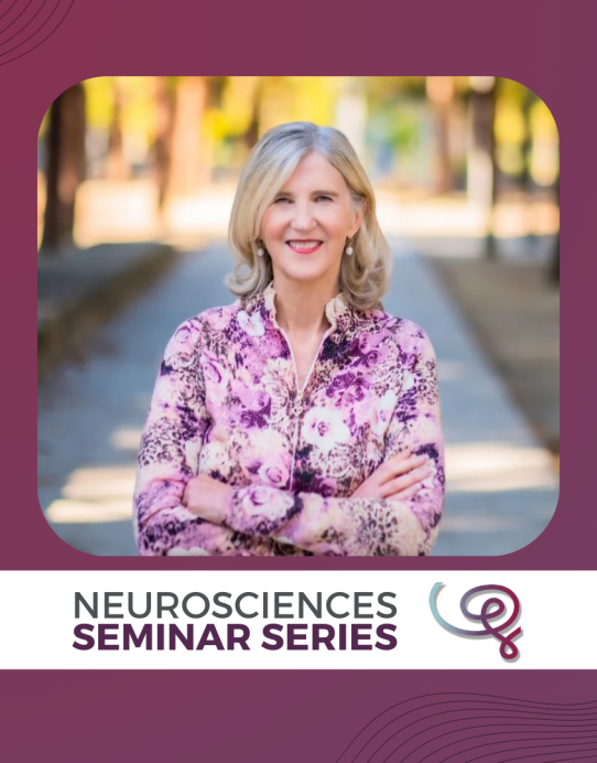 Headshot of Dr. Holly Ingraham framed with a purple border and labeled Neurosciences Seminar Series at the top with the Wu Tsai Neuro logo.