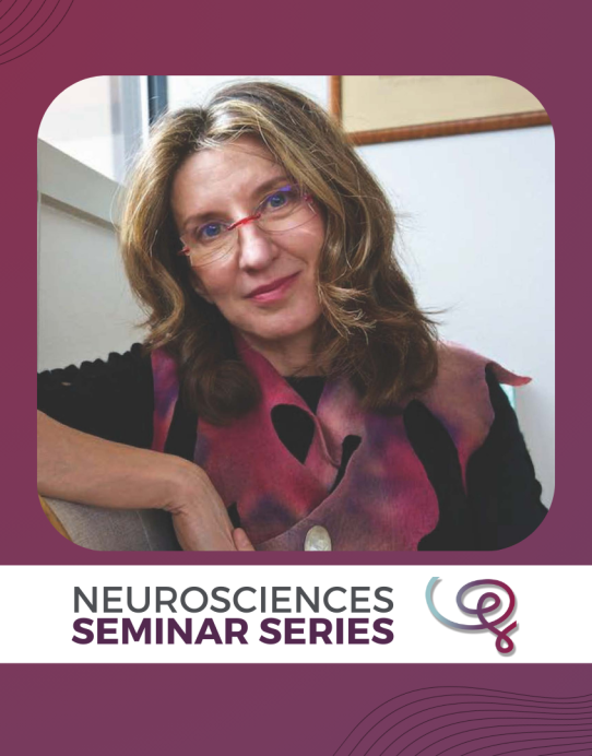 Headshot of Dr. Katalin Gothard framed with a purple border. A white banner at the bottom reads 'Neurosciences Seminar Series' next to the Wu Tsai Neuro logo.