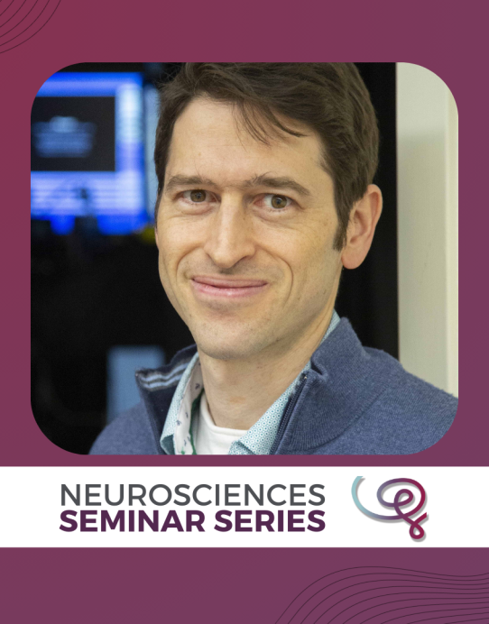 Headshot of Dr. Mark Andermann framed with a purple border. A white banner at the bottom reads 'Neurosciences Seminar Series' next to the Wu Tsai Neuro logo.