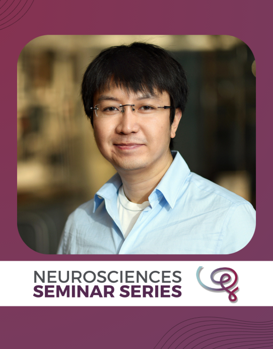 Headshot of Dr. Nuo Li framed with a purple border. A white banner at the bottom reads 'Neurosciences Seminar Series' next to the Wu Tsai Neuro logo.