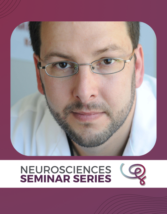 Headshot of Dr. Randy Buckner framed with a purple border. A white banner at the bottom reads 'Neurosciences Seminar Series' next to the Wu Tsai Neuro logo.
