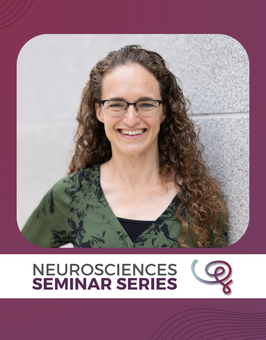 Headshot of Dr. Rebecca Saxe framed with a purple border. A white banner at the bottom reads 'Neurosciences Seminar Series' next to the Wu Tsai Neuro logo.