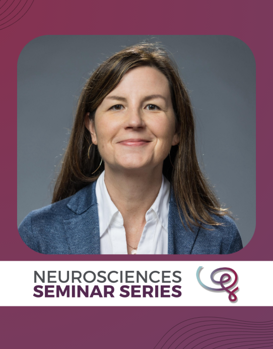 Headshot of Dr. Staci Bilbo framed with a purple border. A white banner at the bottom reads 'Neurosciences Seminar Series' next to the Wu Tsai Neuro logo.