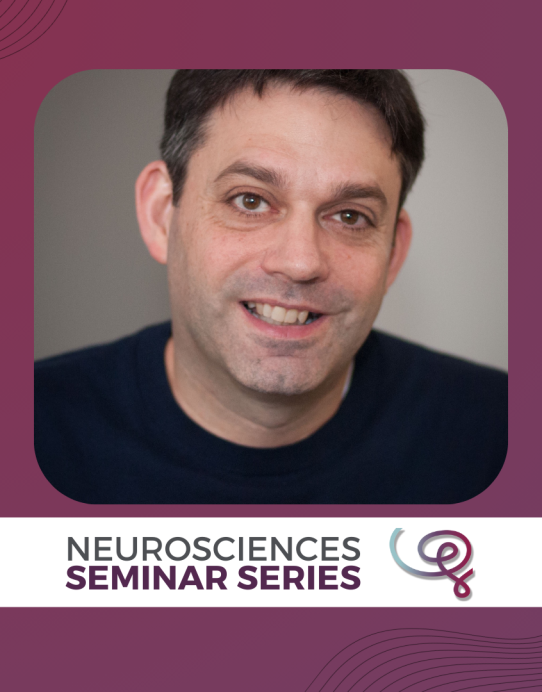 Headshot of Dr. Stephen Liberles framed with a purple border. A white banner at the bottom reads 'Neurosciences Seminar Series' next to the Wu Tsai Neuro logo.