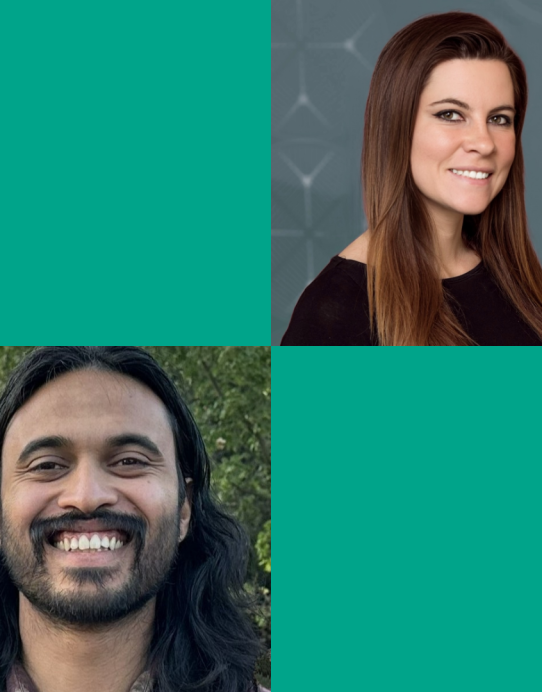 Headshots of Siddharth Doshi and Lara Weed in a square grid with two green squares.
