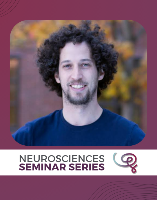 Headshot of Dr. Andres Bendesky framed with a purple border and labeled Neurosciences Seminar Series at the top with the Wu Tsai Neuro logo.