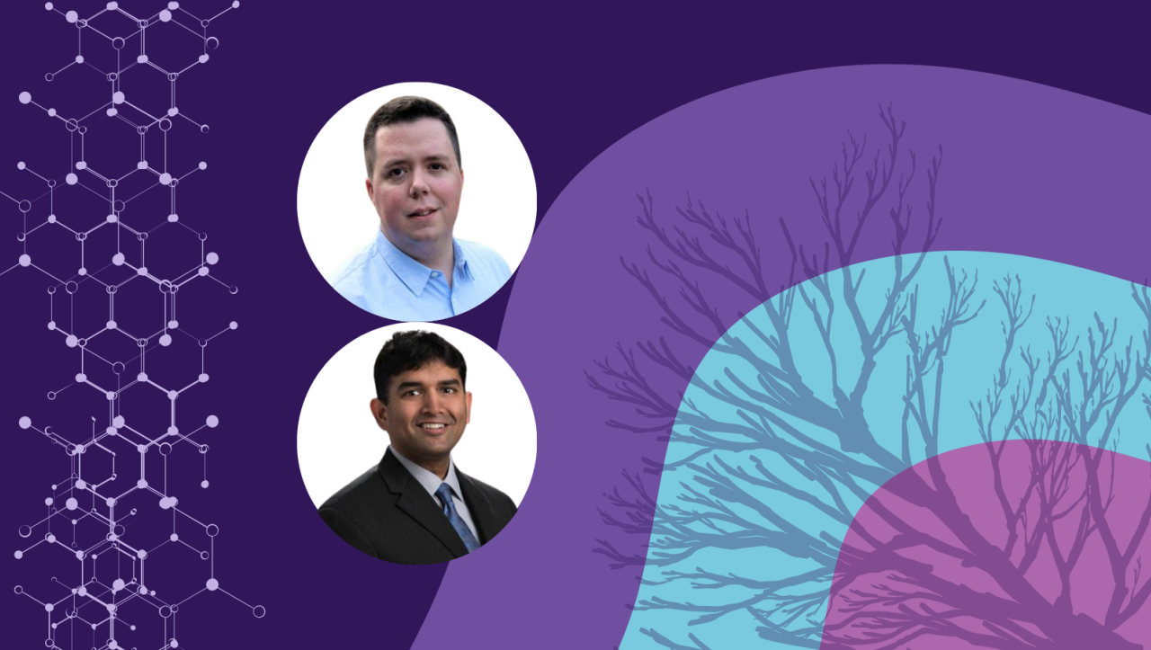 Banner image featuring two circle headshots against a purple background design