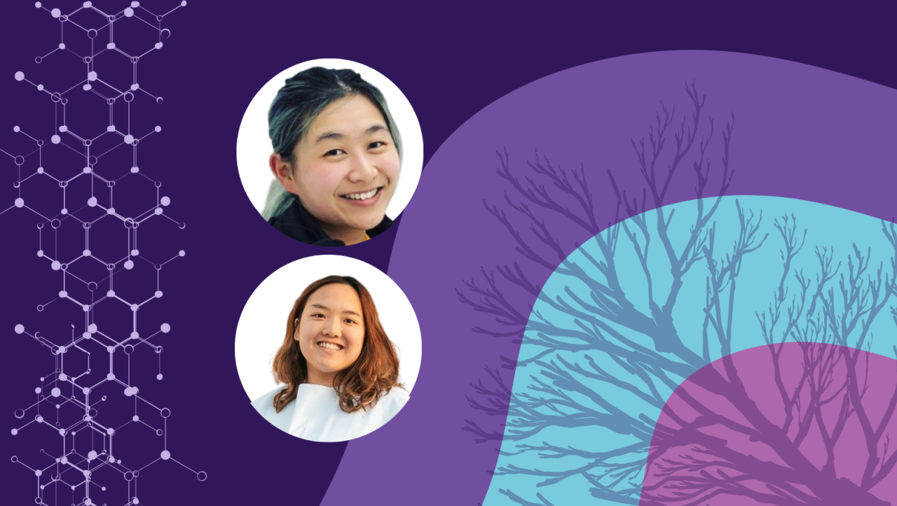 Banner image featuring two circle headshots against a purple background design
