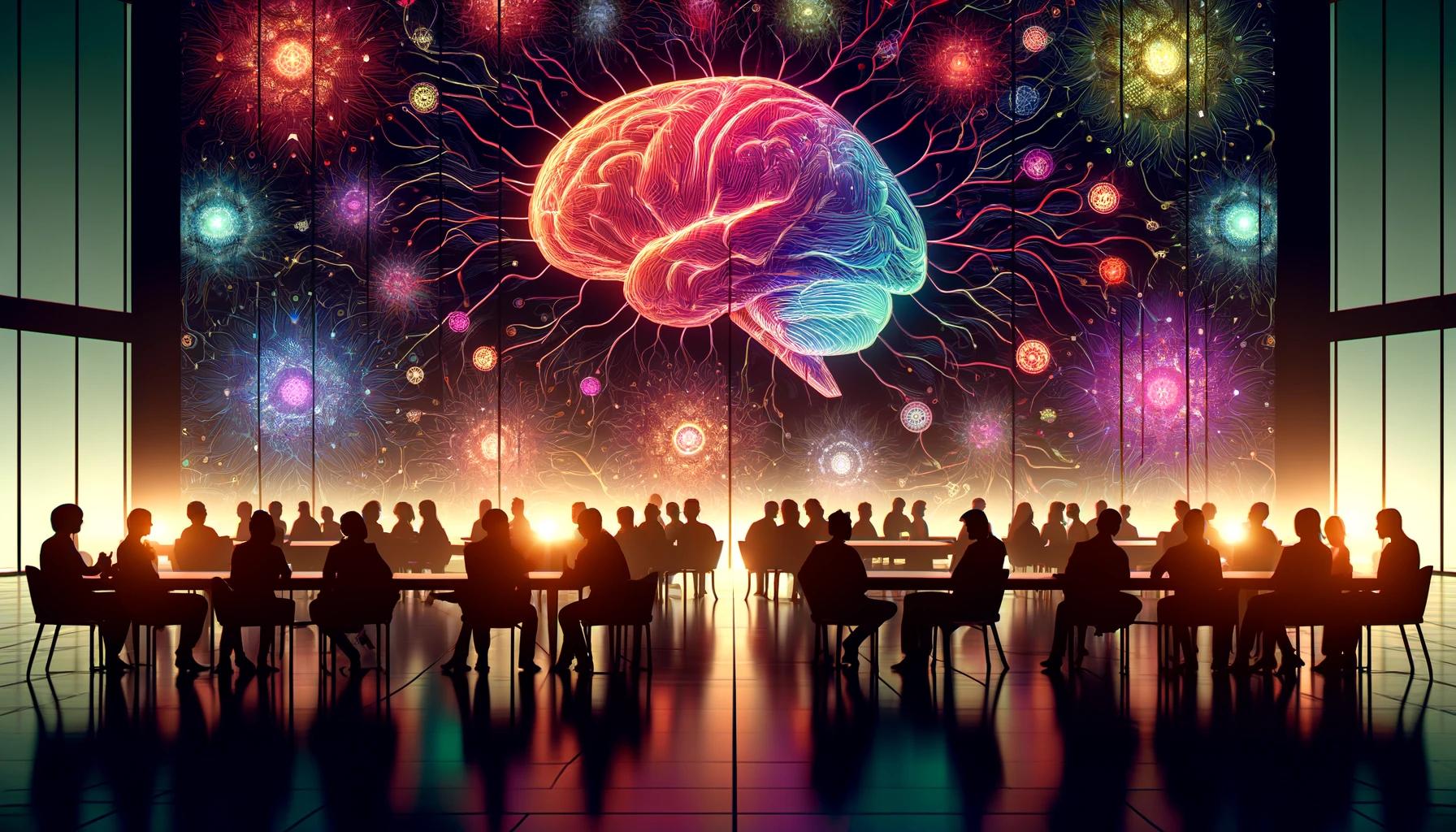 Illustration showing a darkened room full of people in silhouette, all looking at a background projection of brain