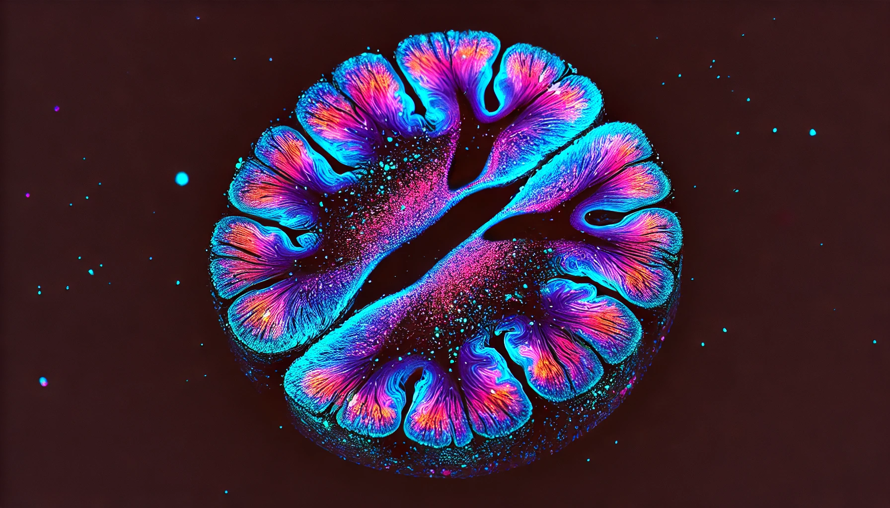 DALL·E 2024-06-28 15.56.52 - A fluorescence microscopy image of a brain slice, emphasizing the color palette of the provided logo, with gradient hues of blue, purple, and red.