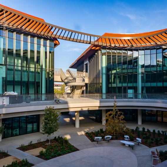 The Stanford ChEM-H Building on the left and the Stanford Neurosciences Building on the right