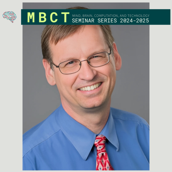 Portrait of an individual wearing a blue dress shirt and red patterned tie, with the promotional banner for the "MBCT Seminar Series 2024-2025" by the Wu Tsai Neurosciences Institute displayed above.