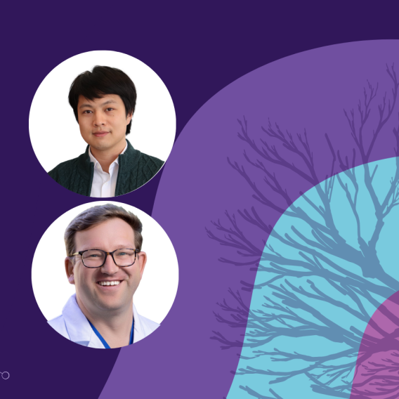 Banner image featuring two circle headshots against a purple and blue background design.