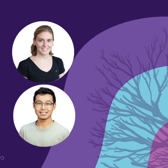 Banner image featuring two circle headshots against a purple and blue background design.