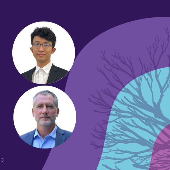 Banner image featuring two circle headshots against a purple and blue background design.