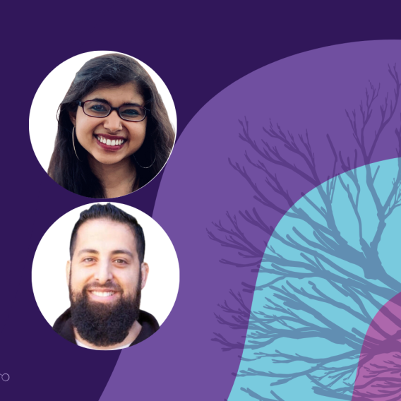 Banner image featuring two circle headshots against a purple and blue background design.