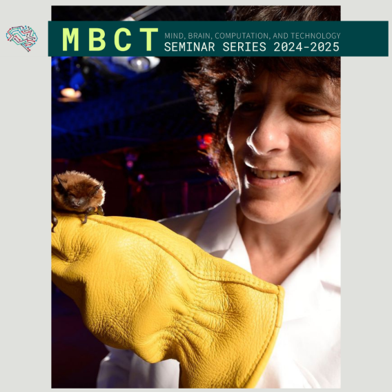 A dark teal band across the top of the image has in bright green font "MBCT | Mind, Brain, Computation, and Technology | Seminar Series 2024-2025",Cynthia Moss smiles while holding a small brown bat perched on a yellow-gloved hand. The background is dimly lit with a purple and red glow, highlighting the bat and her expression of interest.