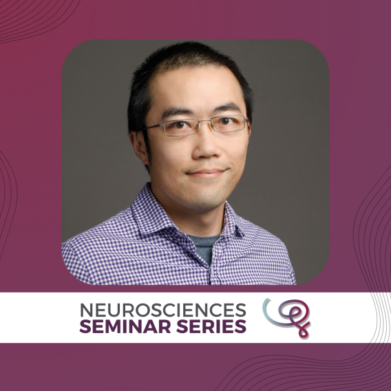 Headshot of Dr. Alex Kwan framed with a purple border. A white banner at the bottom reads 'Neurosciences Seminar Series' next to the Wu Tsai Neuro logo.