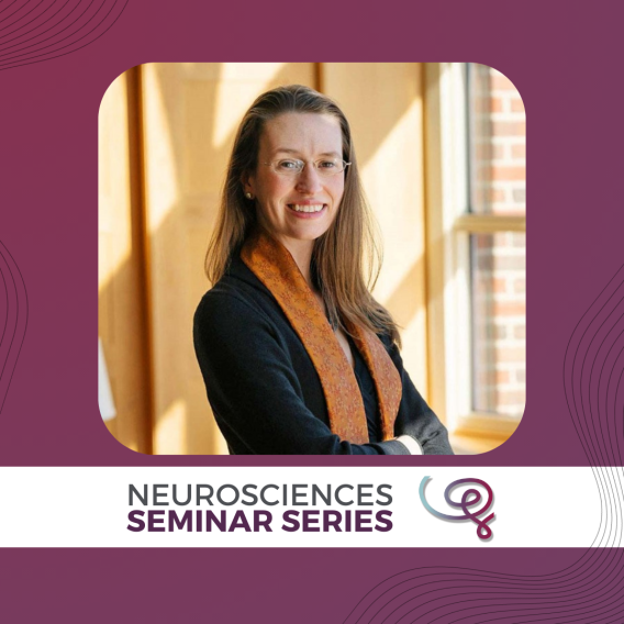 Headshot of Dr. Caroline Robertson framed with a purple border. A white banner at the bottom reads 'Neurosciences Seminar Series' next to the Wu Tsai Neuro logo.