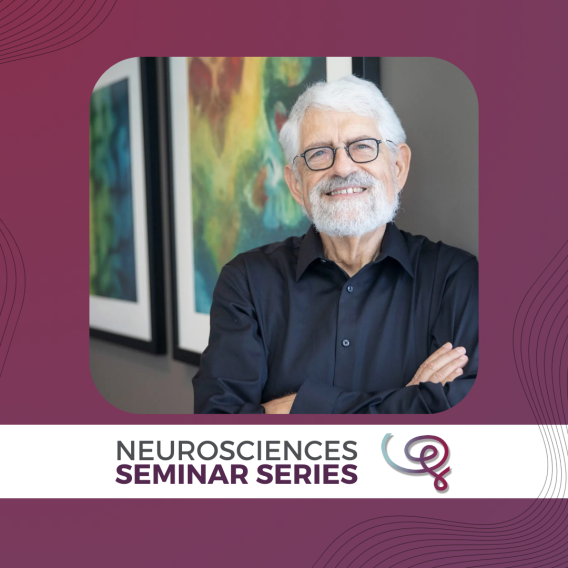 Headshot of Dr. Haim Sompolinsky framed with a purple border. A white banner at the bottom reads 'Neurosciences Seminar Series' next to the Wu Tsai Neuro logo.
