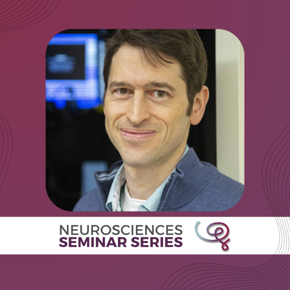 Headshot of Dr. Mark Andermann framed with a purple border. A white banner at the bottom reads 'Neurosciences Seminar Series' next to the Wu Tsai Neuro logo.