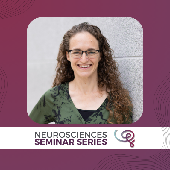 Headshot of Dr. Rebecca Saxe framed with a purple border. A white banner at the bottom reads 'Neurosciences Seminar Series' next to the Wu Tsai Neuro logo.