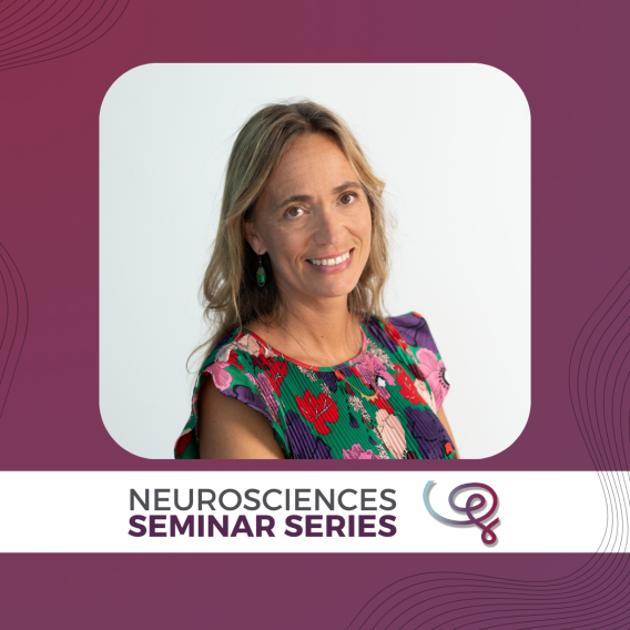 Headshot of Dr. Rosa Cossart framed with a purple border and labeled "Neurosciences Seminar Series" at the bottom with the Wu Tsai Neuro logo.