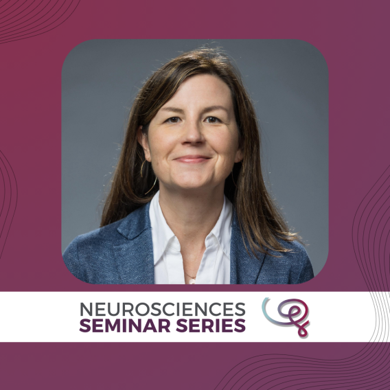 Headshot of Dr. Staci Bilbo framed with a purple border. A white banner at the bottom reads 'Neurosciences Seminar Series' next to the Wu Tsai Neuro logo.