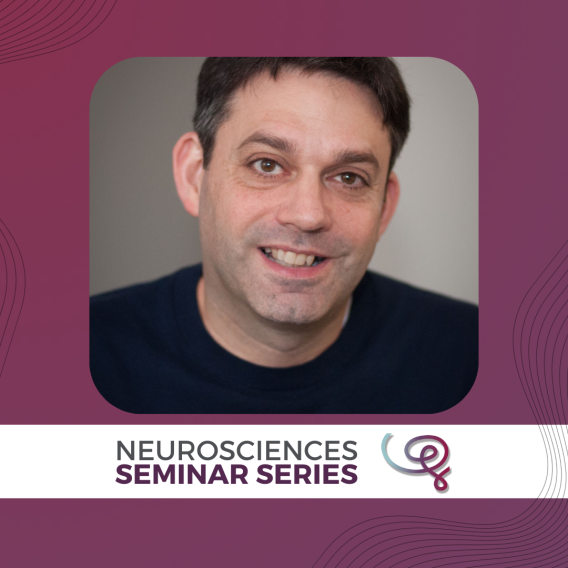 Headshot of Dr. Stephen Liberles framed with a purple border. A white banner at the bottom reads 'Neurosciences Seminar Series' next to the Wu Tsai Neuro logo.