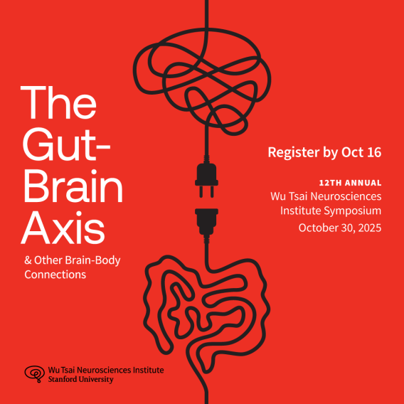 Red banner for the 12th Annual Wu Tsai Neurosciences Institute Symposium, themed “The Gut-Brain Axis & Other Brain-Body Connections.” Illustration shows a brain and gut connected by plugs. Event: October 30, 2025. Register by Oct 16.