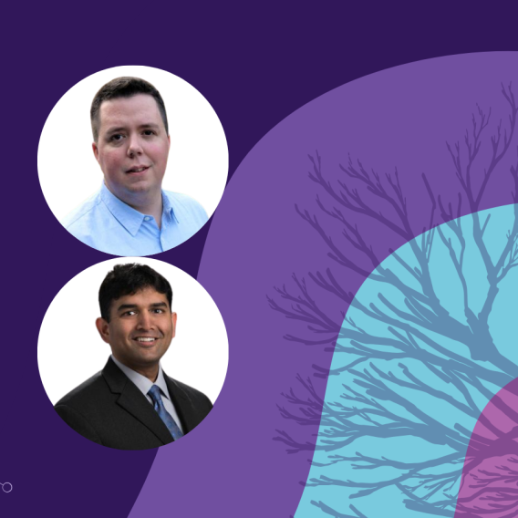 Banner image featuring two circle headshots against a purple background design
