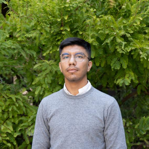 Manuel Moya wears a grey sweater while standing in front of green foliage and looks to the camera