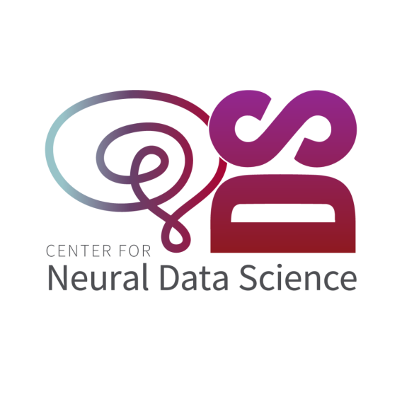 Logo for the Center for Neural Data Science. The design features an abstract spiral line forming a stylized brain on the left, connected to bold, gradient letters “DS” on the right in shades of purple, magenta, and red. Below, the text reads “CENTER FOR Neural Data Science” in gray and black.