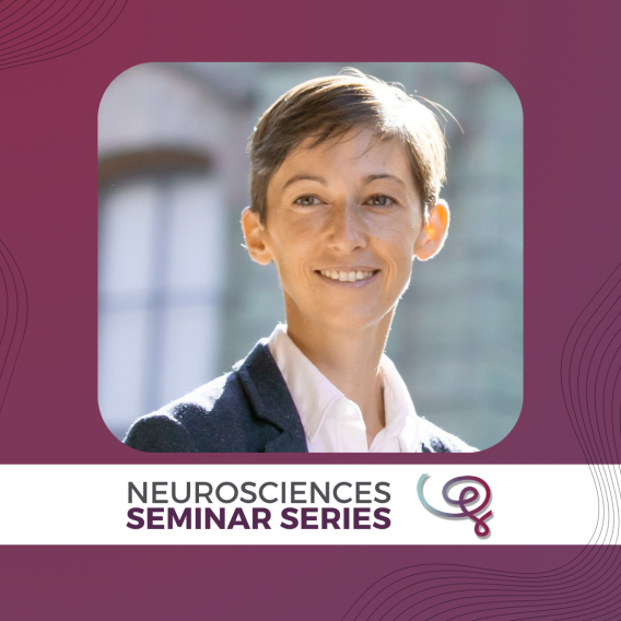 Headshot of Dr. Dani Bassett framed with a purple border, a white banner along the bottom reads Neurosciences Seminar Series, next to the Wu Tsai Neurosciences logo.