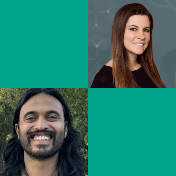 Headshots of Siddharth Doshi and Lara Weed in a square grid with two green squares.