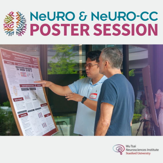 Teal "NeURO & NeURO-CC" and magenta "POSTER SESSION" header above a photo of two people discussing a research poster, with the Wu Tsai Neurosciences Institute logo at bottom right.