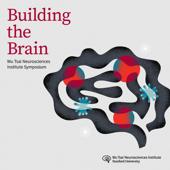 Maroon title "Building the Brain" left with "Wu Tsai Neurosciences Institute Symposium" below; textured black brain illustration at right with red/teal nodes and blue starbursts on a pale gray background; institute logo bottom right.