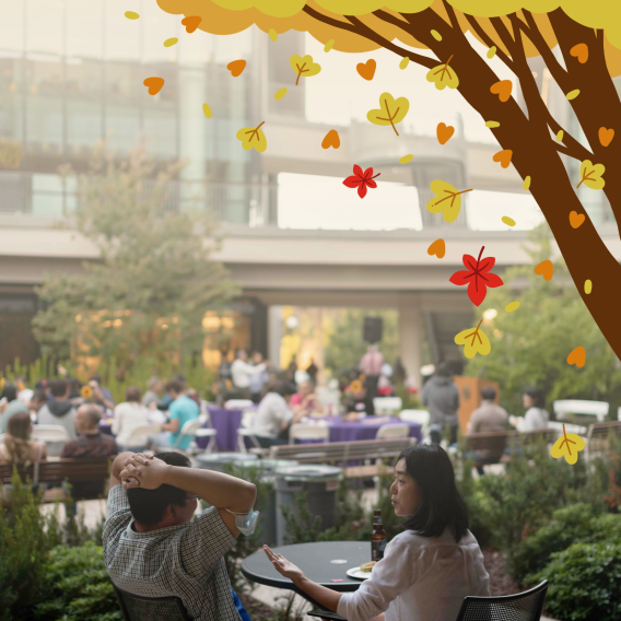 A photo of people sitting together at the annual Fall Picnic in the ChEM-H/Neuro courtyard overlayed with an off-white gradient and a cartoon graphic of an autumn tree with falling leaves in the top right corner.