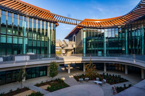 The Stanford ChEM-H Building on the left and the Stanford Neurosciences Building on the right