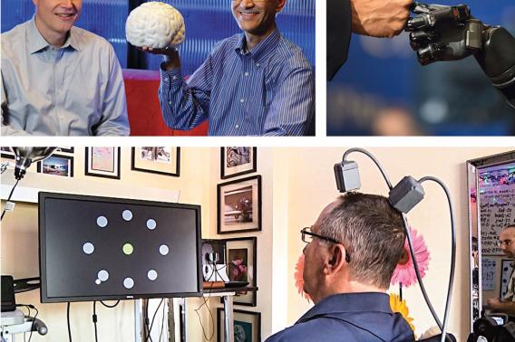 ‘PEOPLE WHO JUST CLICKED’: Clockwise from top: Henderson and Shenoy; Obama and Copeland; DeGray at work hitting targets. (Photos, clockwise from top: Paul Sakuma; Pete Souza/Official White House Photo; PBS NewsHour/Courtesy NewsHour Productions LLC)