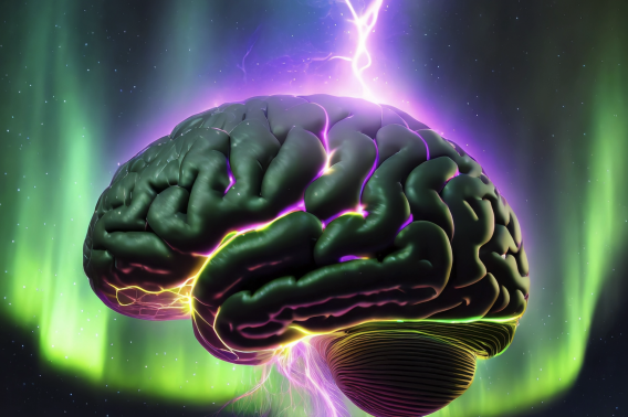 Illustration of a brain emitting electrical discharge against a sky with a green aurora
