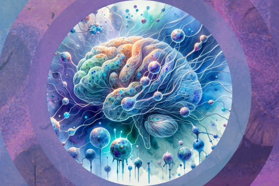 Watercolor image of a brain that explores the complex interplay between brain structures, neural networks, and lipid droplets, tied to Alzheimer's research and the APOE4/4 gene discovery.