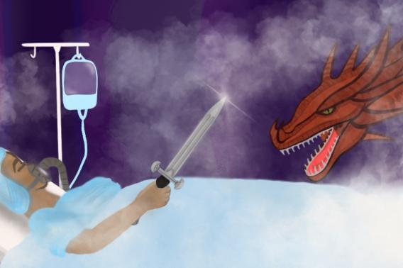 Graphic design of a person sleeping in a hospital bed holding a sword ready to duel a dragon.