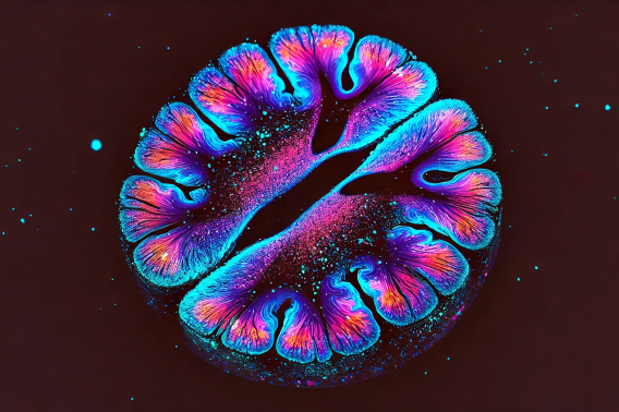 DALL·E 2024-06-28 15.56.52 - A fluorescence microscopy image of a brain slice, emphasizing the color palette of the provided logo, with gradient hues of blue, purple, and red.