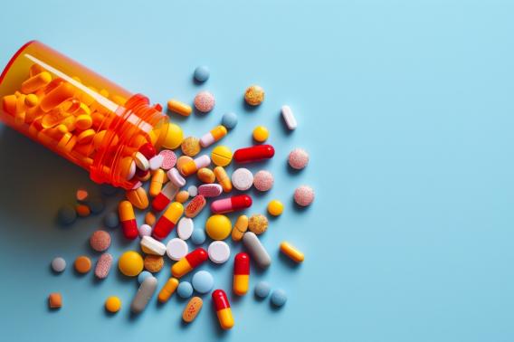 A orange bottle of colorful pills spilled on a blue background