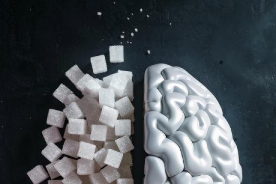 Stock image of a brain in which the left hemisphere is made up of sugar cubes; white on black background