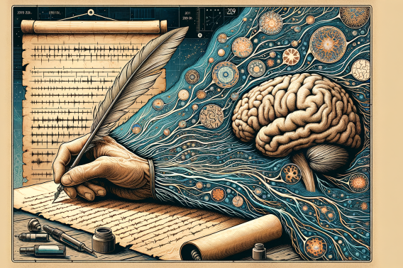 AI-generated banner image showing a hand writing on parchment from which flows brain-related imagery