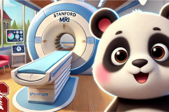 Banner image showing cartoon MRI and panda bear mascot on Stanford Campus