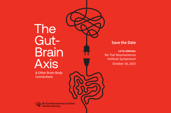 Poster for the 12th Annual Wu Tsai Neurosciences Institute Symposium on October 30, 2025, titled "The Gut-Brain Axis & Other Brain-Body Connections." The poster features a graphic of plugs connected by a cord that transitions into the shape of a brain and gut.